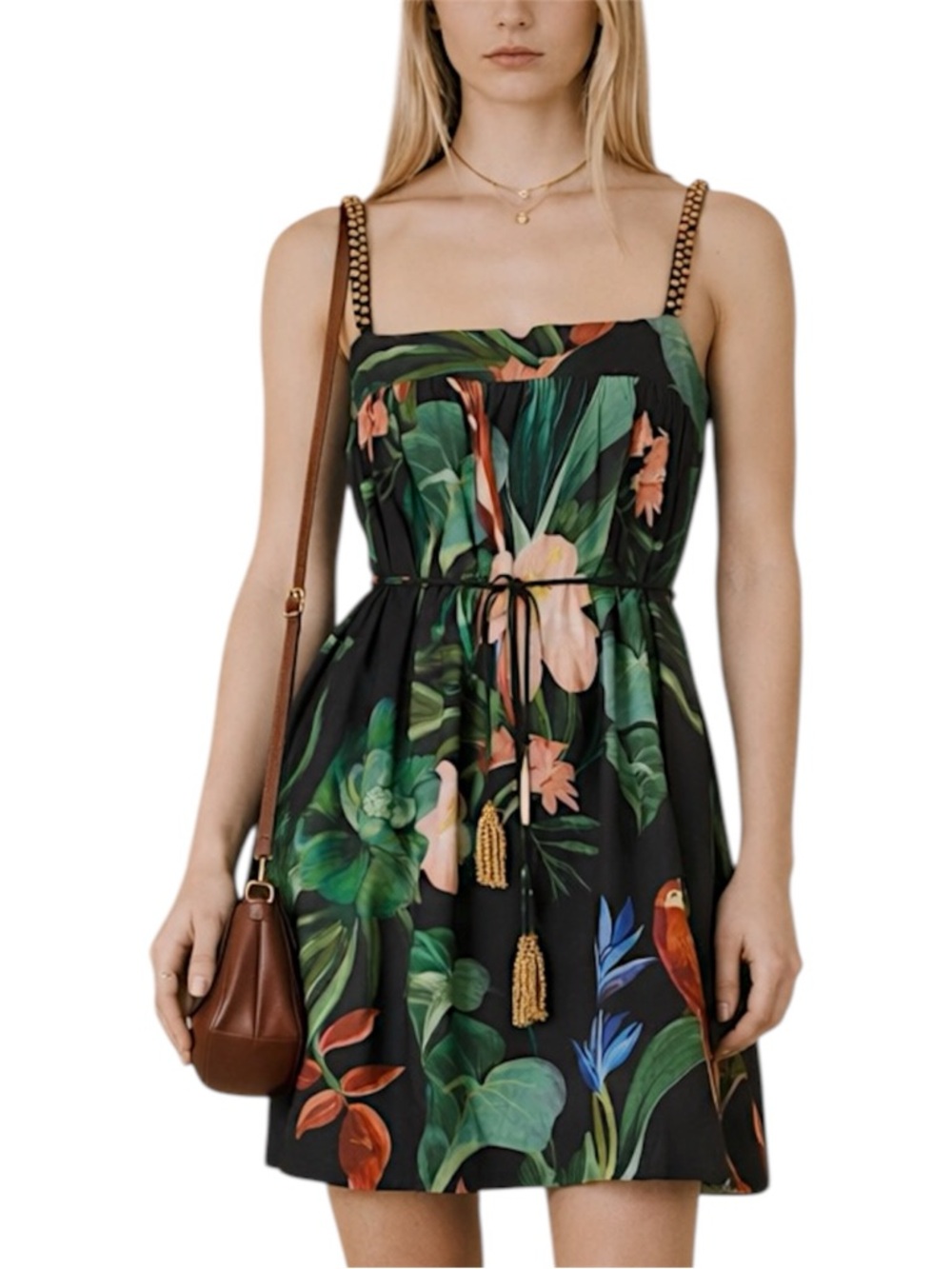 Farm Rio Midnight Macaw Mini Dress Tropical Bird Print Black Beaded Strap Size M
